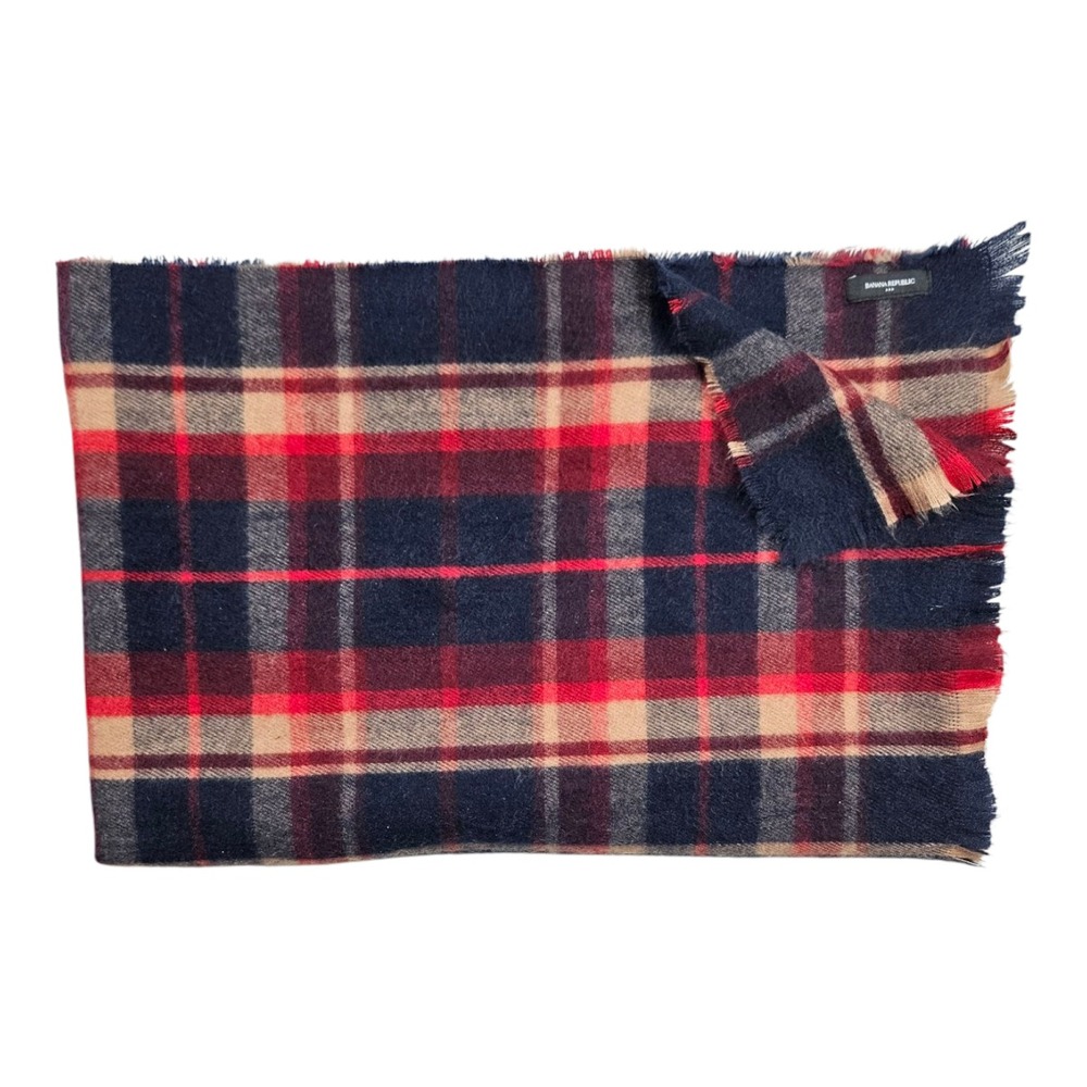 Banana Republic Cashmere Blanket Wrap Womens One Size Red Blue Plaid Fringe Soft